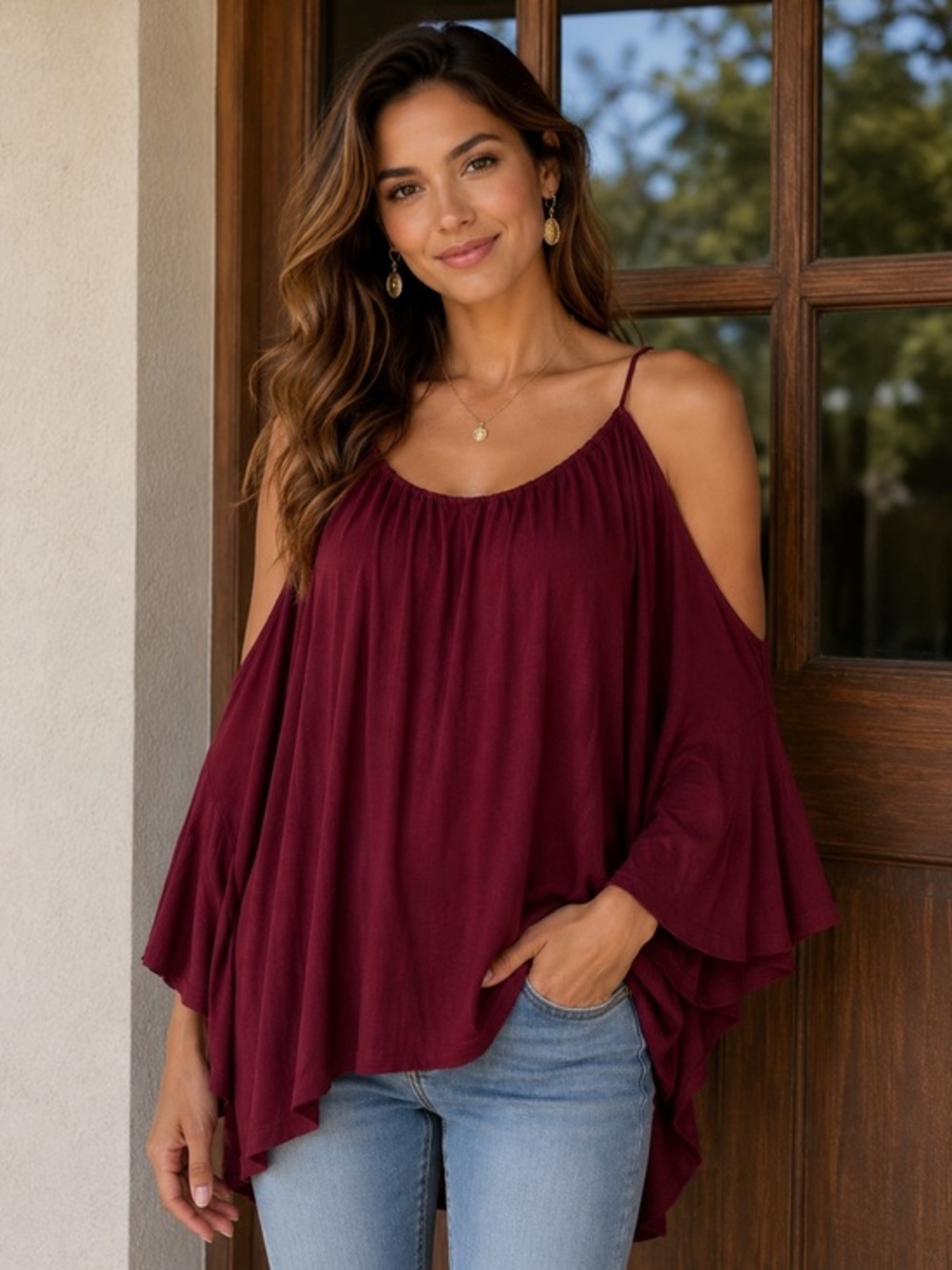 NWT Annabelle Wine Burgundy Cold Shoulder High Low Cape Blouse Small Romantic
